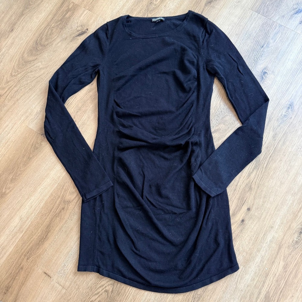 EXPRESS Black Long Sleeve Ruched Bodycon Mini Dress Size‎ Small